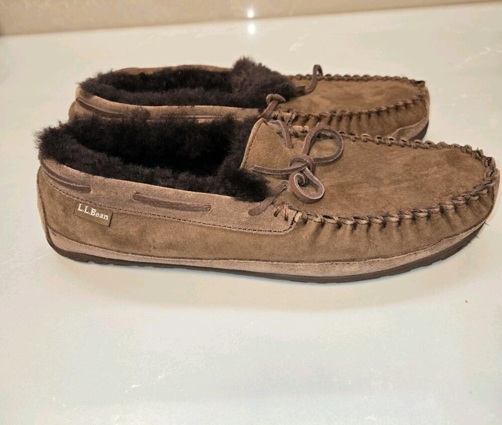 LL BEAN Men's 12 M Wicked Good Brown Slippers Moccasin Shearling Sheepskin